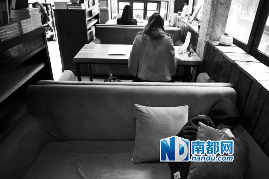 12月12日上午，不打烊書店里，12歲的楊東吃完午飯后抱著抱枕蜷在沙發(fā)里睡覺。